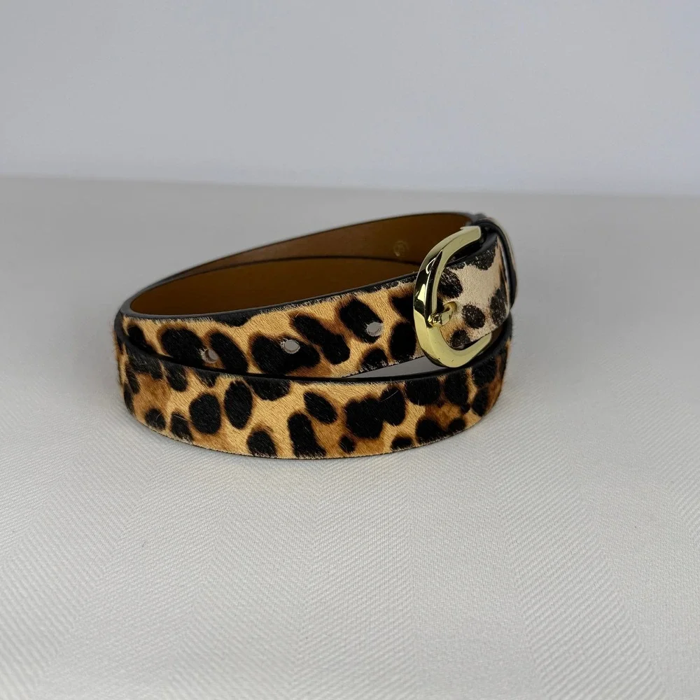 Statement J.Crew Leopard Calf Hair Belt Gold Buckle Animal Print Tan Brown